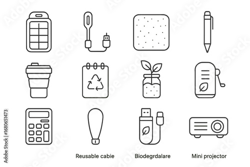 Eco Office Icon Set. Outline icon set of compact eco office gadgets: portable solar charger, mini LED lamp,