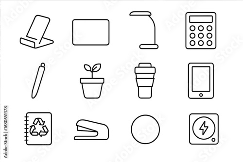 Minimalist Eco Gadgets. Outline icon set of minimalist eco gadgets: bamboo phone stand, cork desk mat, LED