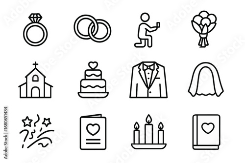 Marriage Icons Grid. Outline icon set of proposal and marriage: engagement ring, wedding ring, kneeling figure