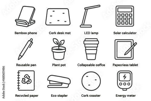 Minimalist Eco Gadgets. Outline icon set of minimalist eco gadgets: bamboo phone stand, cork desk mat, LED