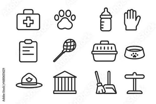 Wildlife Volunteer Icons. Outline icon set of volunteering in wildlife sanctuaries: medical kit, animal paw