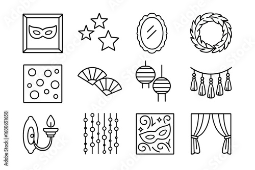 Masquerade Decor Icons. Outline icon set of masquerade-themed wall decor: framed masks, glitter stars, wall
