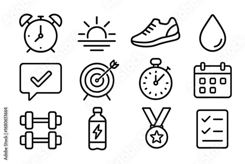 Athletic Dedication Icons. Outline icon set of athletic dedication: alarm clock, sunrise, sneakers, sweat drop