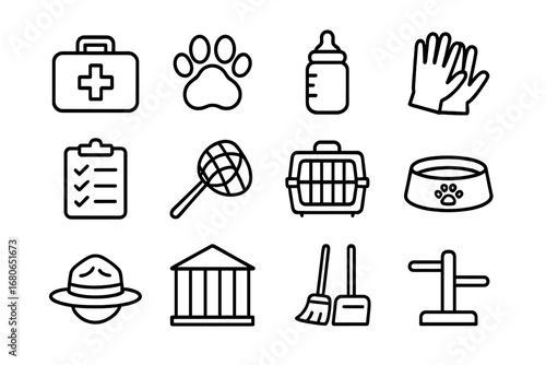 Wildlife Volunteer Icons. Outline icon set of volunteering in wildlife sanctuaries: medical kit, animal paw
