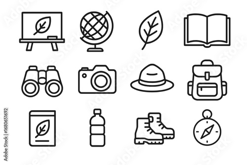 Eco-Travel Icon Set. Outline icon set of eco-education programs for travelers: chalkboard, globe, leaf icon,