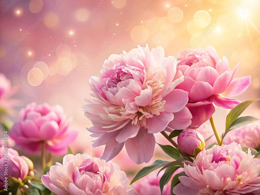 Fototapeta premium Delicate pink peony flowers in full bloom against a softly pink background, creating a dreamy, romantic, and elegant floral atmosphere