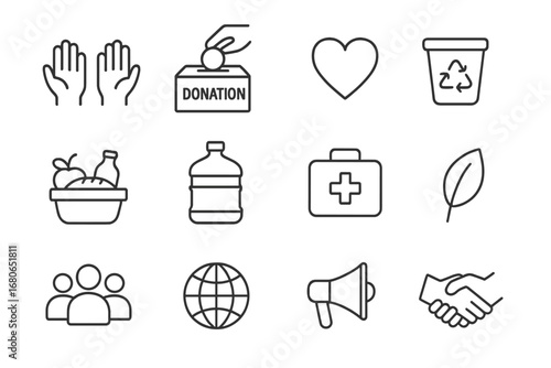Volunteer Icon Set. Outline icon set of volunteer activities: helping hands, donation box, heart symbol,