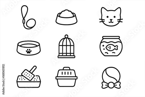 Pet Owner Icons. Outline icon set of pet owner role: dog leash, food bowl, cat icon, pet bed, birdcage,
