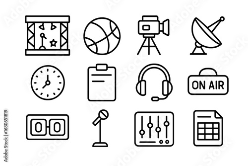 Event Coverage Icons. Outline icon set of live event coverage scheduling: concert stage, sports ball, camera