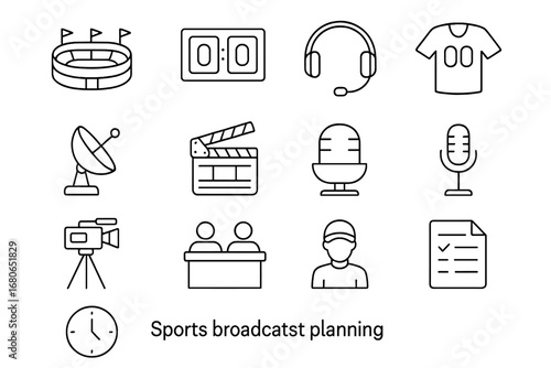 Sports Broadcast Icons. Outline icon set of sports broadcast planning: stadium icon, scoreboard, headset,