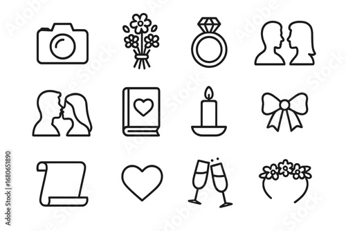 Wedding Icon Set. Outline icon set of vow photography themes: camera, bouquet, ring, couple silhouette, kiss