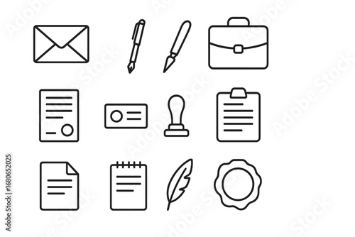 Professional Correspondence Icons. Outline icon set of professional correspondence: envelope, fountain pen,
