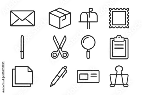 Mail Handling Icons. Outline icon set of daily mail handling: envelope, package, mailbox, stamp, letter opener