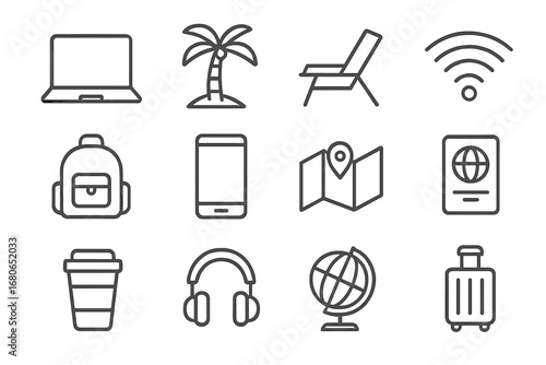 Digital Nomad Essentials. Outline icon set of digital nomad lifestyle: laptop, palm tree, beach chair, Wi-Fi