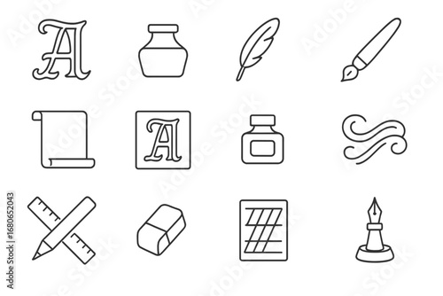 Decorative Lettering Icons. Outline icon set of decorative lettering: ornate capital letter, ink pot, quill