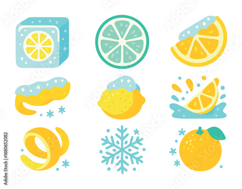 Frozen Citrus Icons. Flat icon set of frozen citrus details: citrus cube, frosty lime wheel, iced lemon wedge,