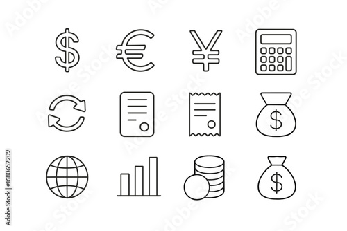 Currency Icons Grid. Outline icon set of currency exchange in trade: dollar sign, euro, yen, pound, exchange