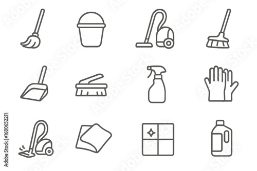 Floor Cleaning Icons. Outline icon set of floor cleaning techniques: mop, bucket, vacuum cleaner, broom,