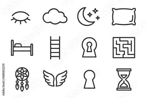 Dream Icons Set. Outline icon set of dreams and subconscious: closed eye, cloud, moon, stars, pillow, bed,