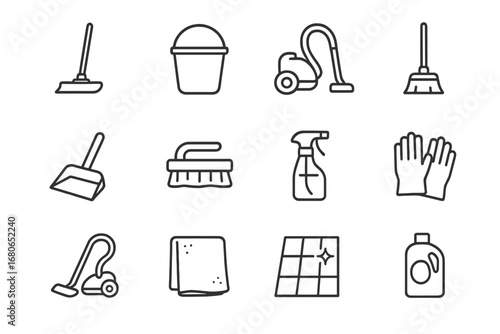 Floor Cleaning Icons. Outline icon set of floor cleaning techniques: mop, bucket, vacuum cleaner, broom,