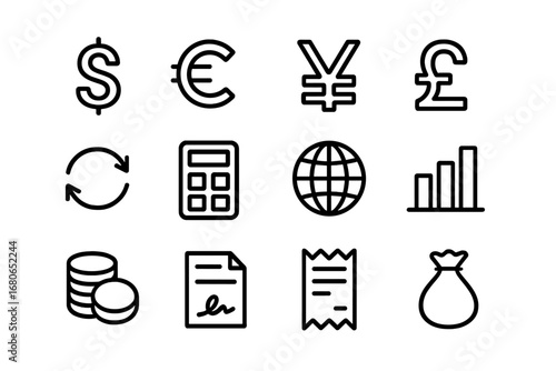 Currency Icons Grid. Outline icon set of currency exchange in trade: dollar sign, euro, yen, pound, exchange