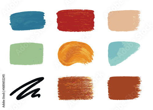 Hand-Painted Icon Grid. Flat icon set of hand-painted smear styles: gouache stroke, thick acrylic, chalk drag,