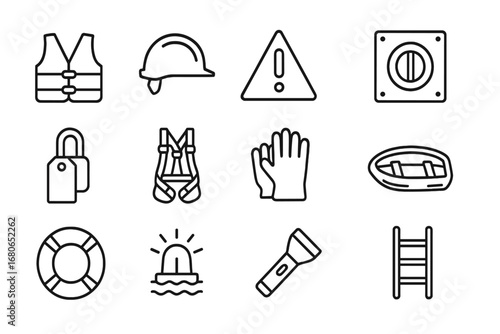 Hydropower Safety Icons. Outline icon set of hydropower safety equipment: life jacket, safety helmet, warning