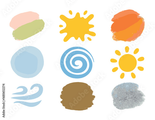 Seasonal Style Icons. Flat icon set of seasonal abstract styles: spring pastel smear, summer bold splash,