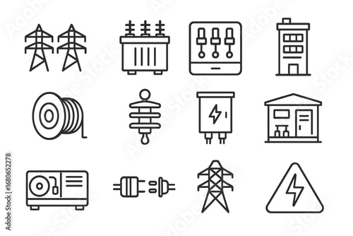 Hydropower Icon Set. Outline icon set of hydropower transmission systems: high-voltage lines, transformer,