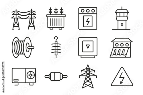 Hydropower Icon Set. Outline icon set of hydropower transmission systems: high-voltage lines, transformer,