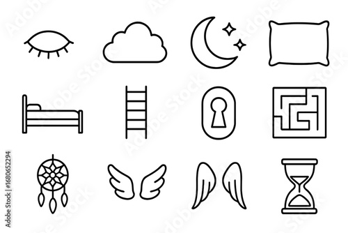 Dream Icons Set. Outline icon set of dreams and subconscious: closed eye, cloud, moon, stars, pillow, bed,