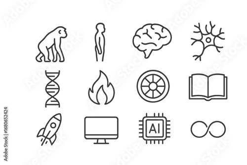 Mind Evolution Icons. Outline icon set of human mind evolution: ape, human silhouette, brain, neuron, DNA