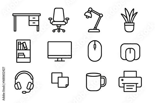 Home Office Icon Set. Outline icon set of home office essentials: desk, ergonomic chair, lamp, plant,