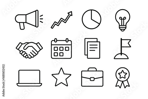 Workplace Influence Icons. Outline icon set of influencing workplace change: megaphone, arrow growth, pie