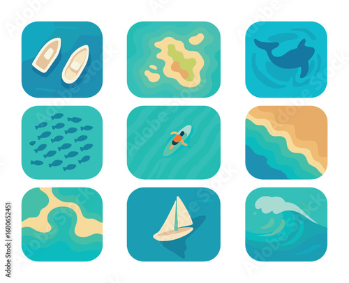 Marine Icon Collection. Flat icon set of aerial marine views: boats on water, reef colors, fish shoal, surfer