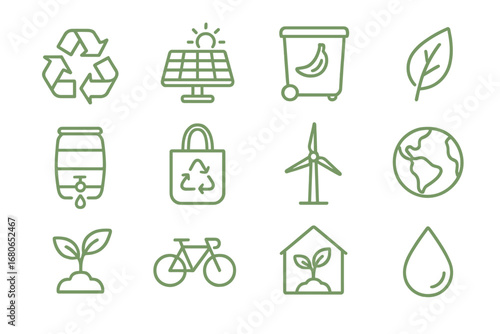 Bamboo Sustainability Icons. Outline icon set of bamboo sustainability: recycling symbol, solar panel, compost