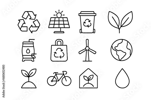 Bamboo Sustainability Icons. Outline icon set of bamboo sustainability: recycling symbol, solar panel, compost