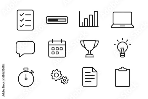 Remote Team Productivity Icons. Outline icon set of productivity in remote teams: task list, progress bar, bar