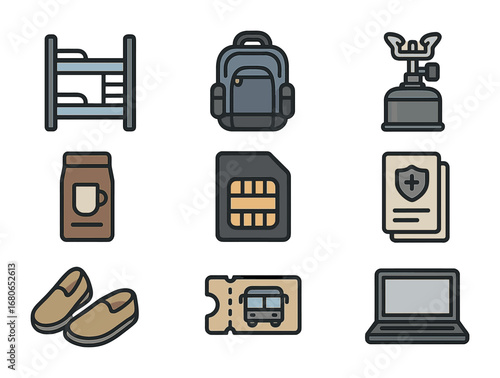 Nomad Gear Icons. Flat icon set of budget nomad gear: hostel bunk, compact backpack, portable stove, instant