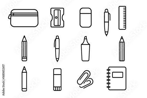 Back-to-School Icons. Outline icon set of back-to-school pencil case: sharpener, eraser, ruler, pencil, pen,