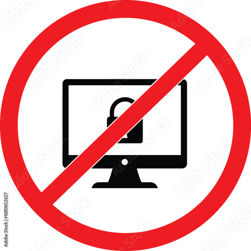 Prohibition icon no ransomware locked computer cyber crime symbol inside red circle isolated on transparent background