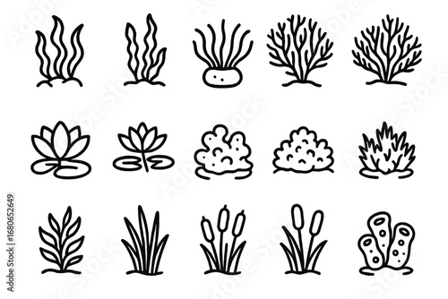 Underwater Garden Icons. Outline icon set of underwater gardens: seaweed, kelp, anemone, coral fans, lotus,