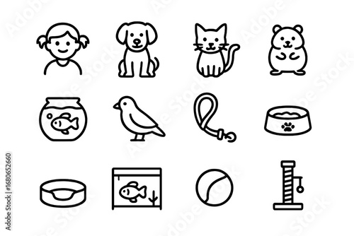 Kids and Pets Icons. Outline icon set of kids and pets: dog, cat, hamster, goldfish, bird, leash, food bowl,
