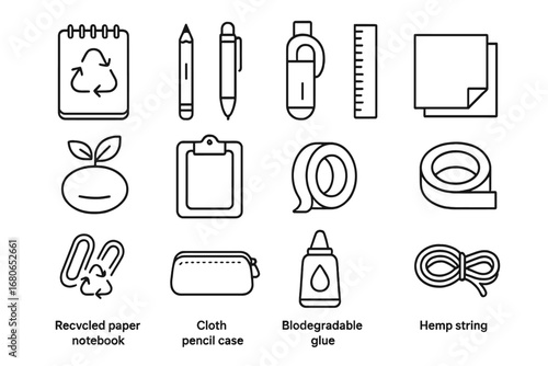 Eco Stationery Icons. Outline icon set of eco-friendly stationery: recycled paper notebook, bamboo pencil,