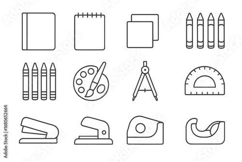 School Stationery Icons. Outline icon set of school stationery items: notebook, spiral notepad, sticky notes,