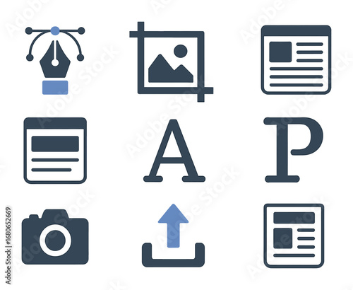 Digital Storytelling Icons. Flat icon set of daily routine for nomads: wake up with view, morning coffee,