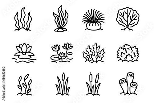 Underwater Garden Icons. Outline icon set of underwater gardens: seaweed, kelp, anemone, coral fans, lotus,