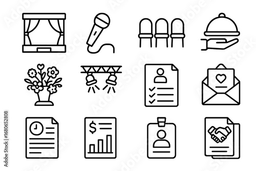 Event Planning Icons. Outline icon set of big event planning: stage, microphone, chairs row, catering service,