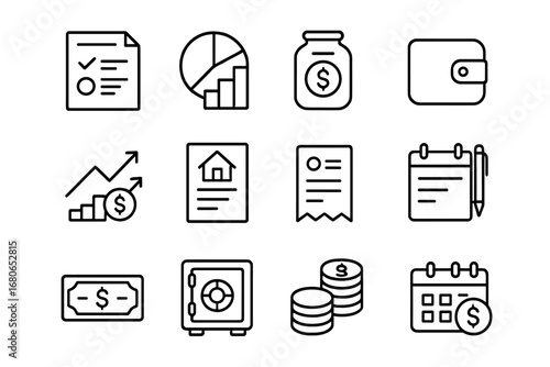Family Finance Icons. Outline icon set of family financial planning: budget sheet, expense chart, savings jar,