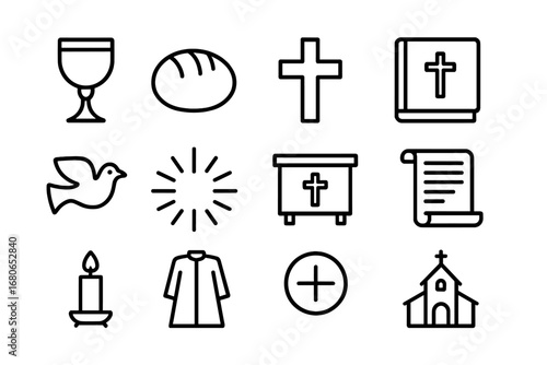 Eucharistic Symbols Grid. Outline icon set of Eucharistic controversies: chalice, bread, cross, Bible, dove,